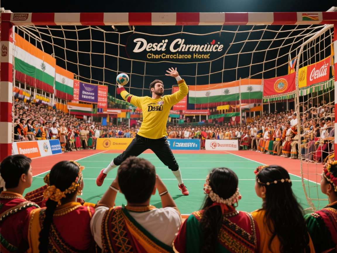 Desi Handball Chronicles - Holi Festival Celebrations Desi Handball Chronicles Holi event with players covered in colored powder celebrating