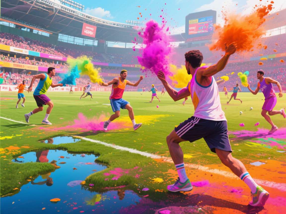 Desi Handball Chronicles - Holi Festival Event Holi event in Desi Handball Chronicles with colored powder effects and festive court designs