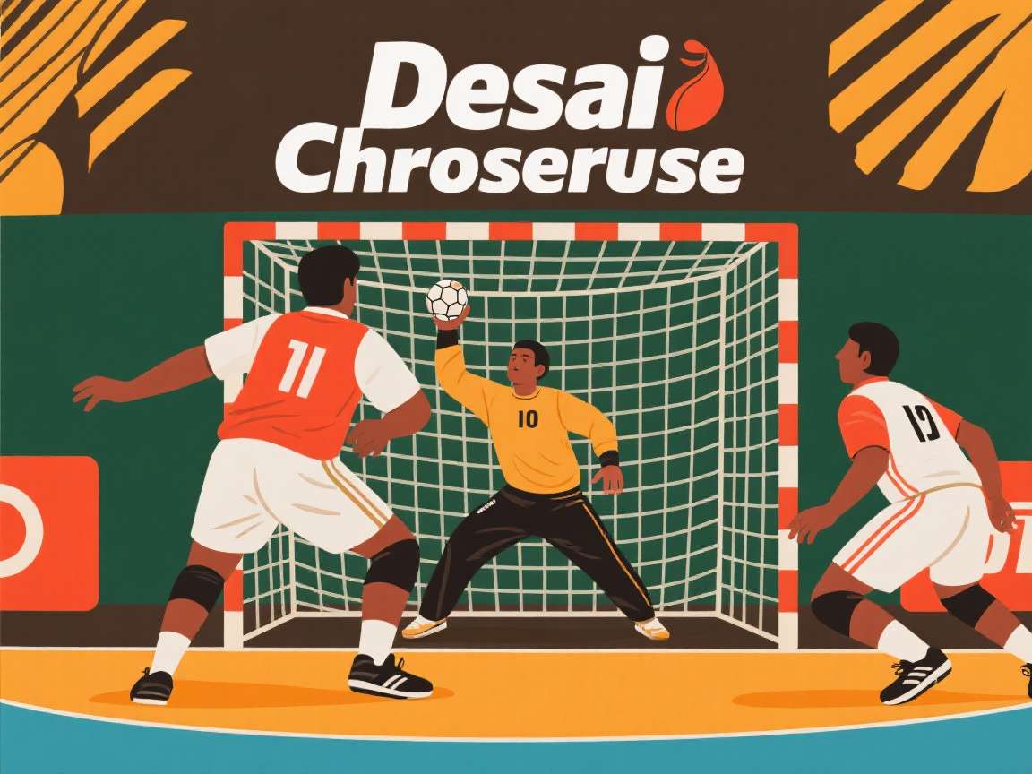 Desi Handball Chronicles - Intense Match Action Desi Handball Chronicles gameplay showing a player taking a powerful shot towards the goal